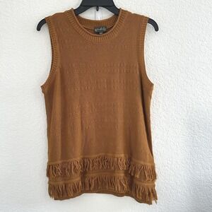 Wonderly Knit‎ Sweater Vest Womens L Burnt Gold Fringe Cottage Boho Casual Fall